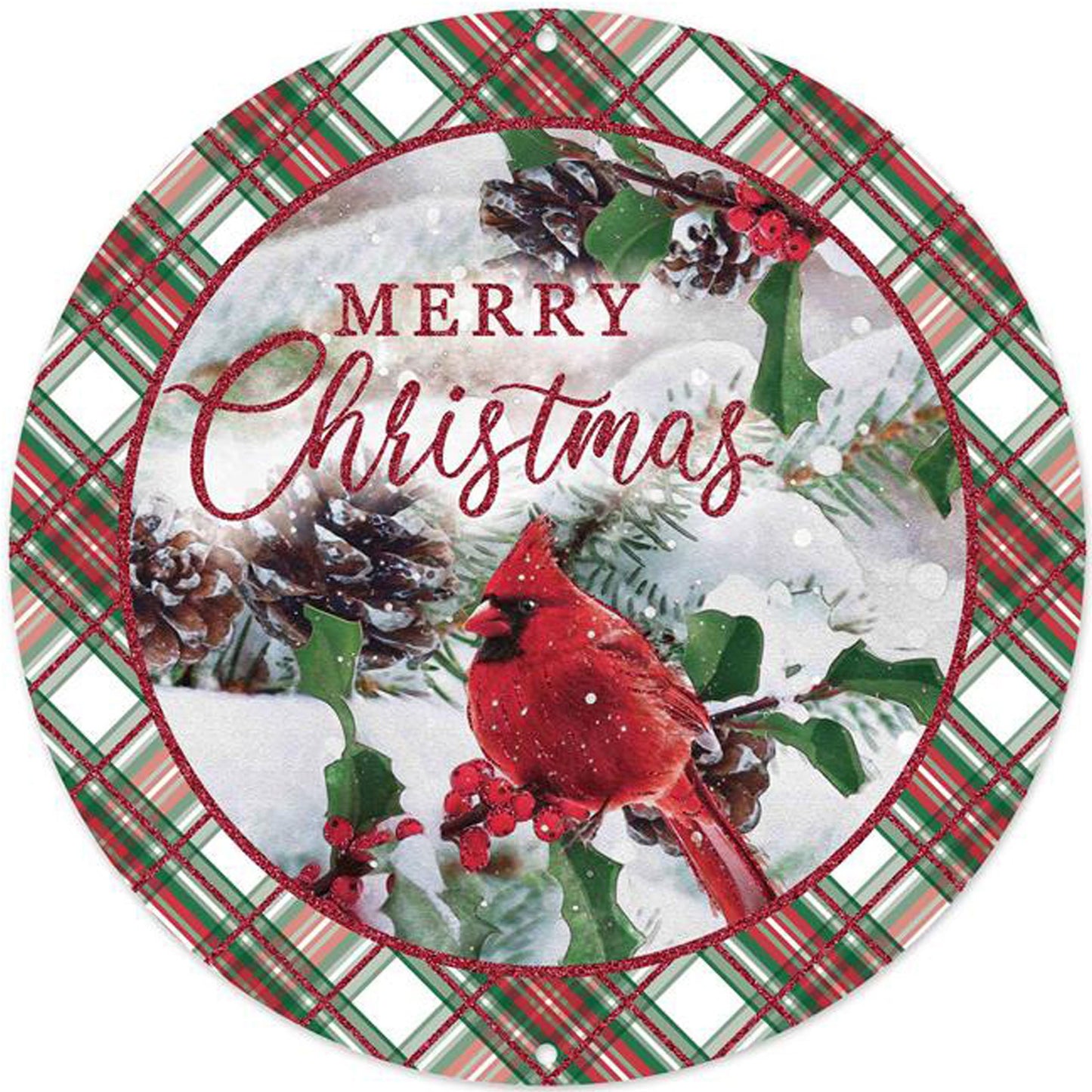 8"DIA MERRY CHRISTMAS/CARDINAL SIGN - WHITE/RED/GREEN - MD1259