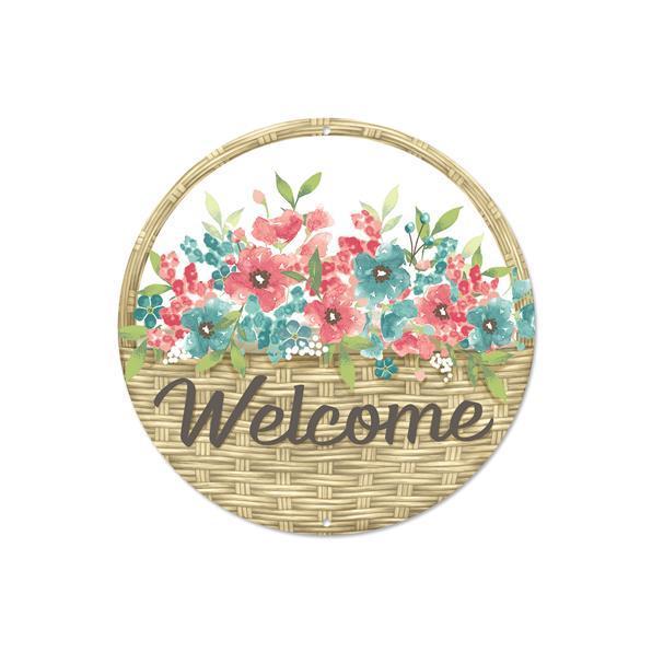 8"DIA METAL WELCOME FLOWER BASKET SIGN - MD1331