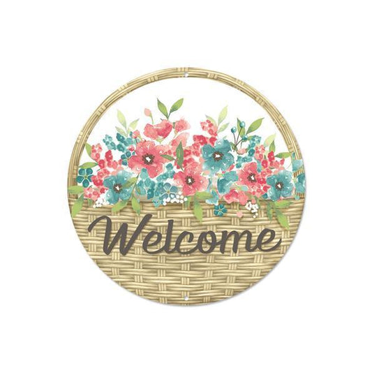8"DIA METAL WELCOME FLOWER BASKET SIGN - MD1331