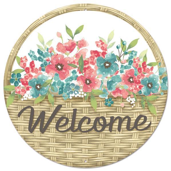 12"DIA METAL WELCOME FLOWER BASKET SIGN - MD1332