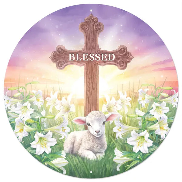 12"DIA BLESSED CROSS W/LAMB SIGN-BRN/LAV/GN/WH-MD1718