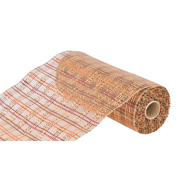 10"X10YD VERTICAL FOIL PLAID MESH - NATURAL/ORANGE/BROWN/BURG - RE1368XE