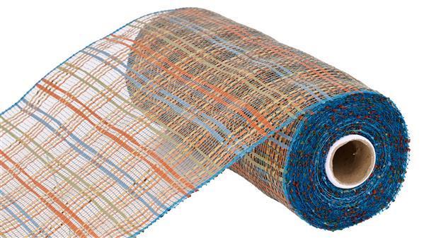 10"X10YD SMOKE BLUE, ORANGE, GOLD and SAGE VERTICAL FOIL PLAID MESH - RE1368XF