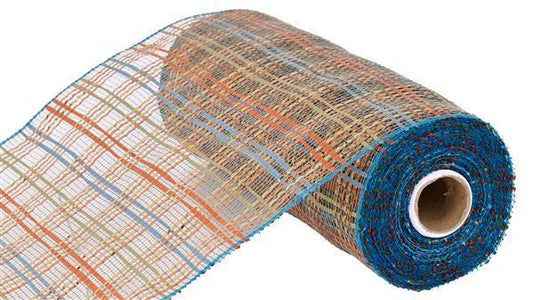 10"X10YD SMOKE BLUE, ORANGE, GOLD and SAGE VERTICAL FOIL PLAID MESH - RE1368XF