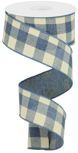 1.5" x 10yd Striped Check On Royal - Faded Denium and Ivory - RG017998K