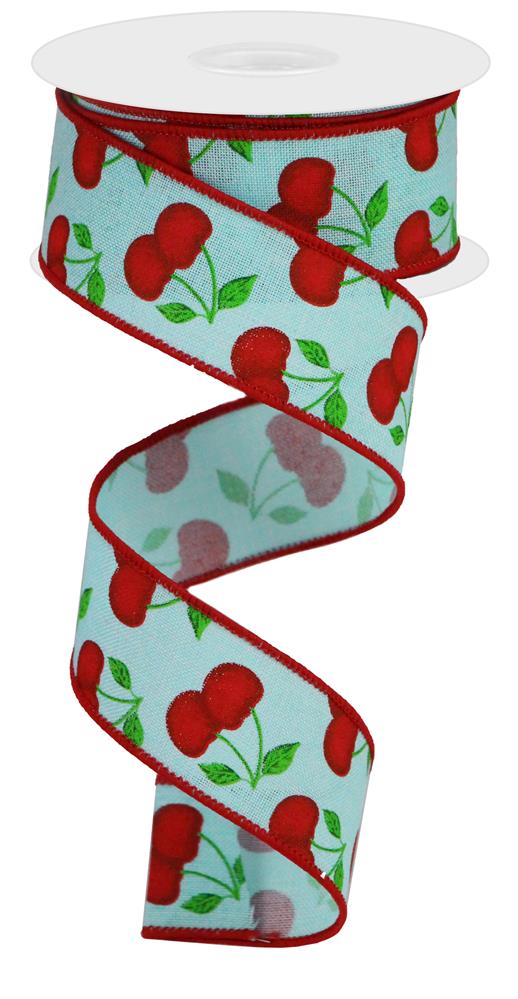 1.5"X10YD CHERRIES ON ROYAL - ICE BLUE, RED AND GREEN - RGA1643EX