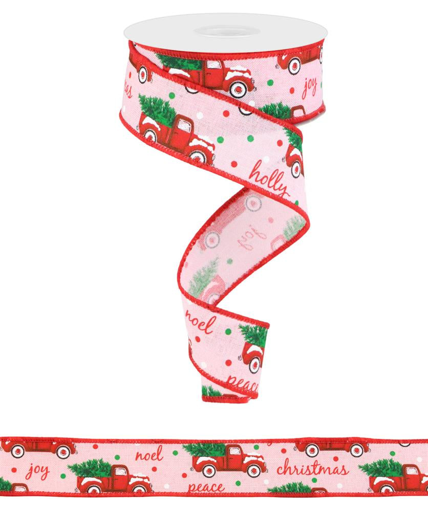 1.5"X10YD CHRISTMAS TRUCKS ON ROYAL - PALE PINK/WHITE/RED/GREEN - RGB100215