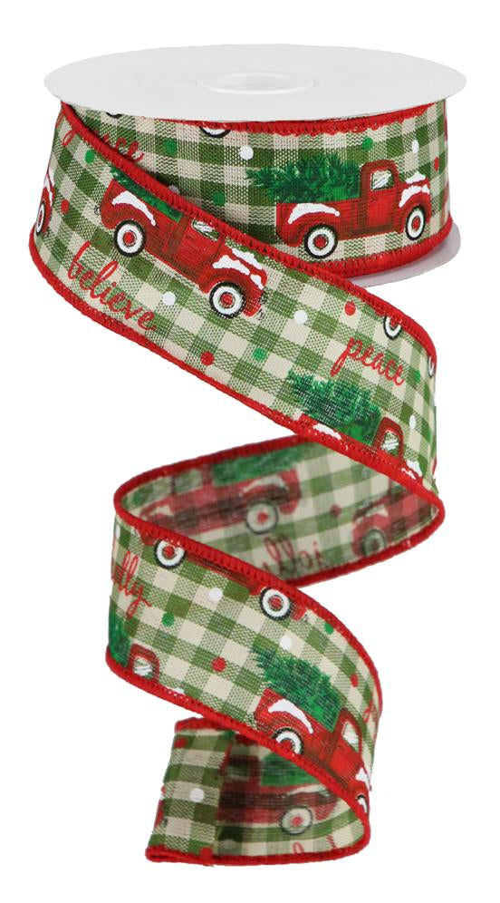1.5"X10YD CHRISTMAS TRUCKS/CHECK - SAGE/IVORY/RED/GREEN - RGB1006NM