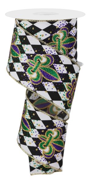 2.5" x 10yd Fleur De Lis Harlequin-Black/White/Mardi Gras-RGE1703