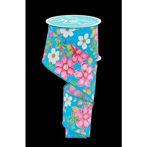 2.5"X10YD TURQUOISE, PINK, GREEN and ORANGE WATERCOLOR FLOWERS - RGF115734