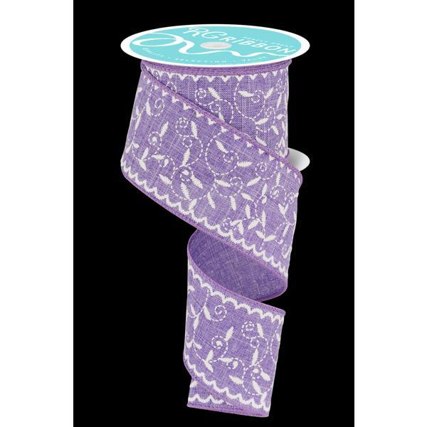 2.5"X10YD LAVENDER AND WHITE STITCH MINI LEAF/RYL - RGF116813