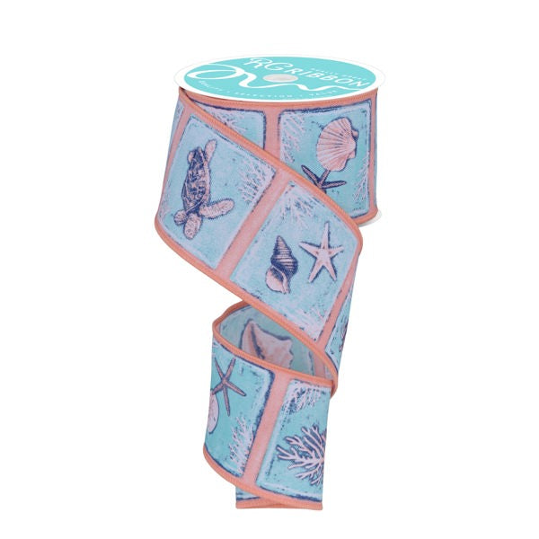 2.5"X10YD COASTAL BLOCKS WITH TURLE, STARFISH and SHELLS -WHT/TQ/CORAL/BL-RGF14103N