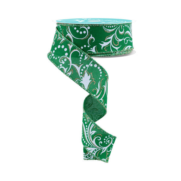 1.5"X10YD LEAF FILAGREE W/DOTS - EMERALD/WHITE/CHAMPAGNE - RGF144606