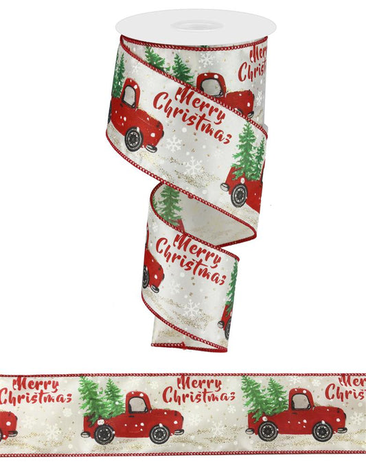 2.5"X10YD "MERRY CHRISTMAS" TRUCK W/TREE - IVORY/RED/GREEN/GOLD - RX418933