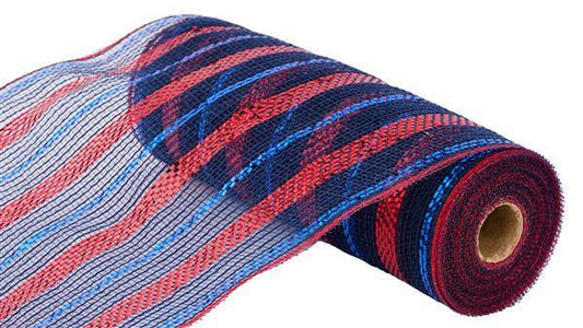 10.25"X10YD NAVY BLUE, ROYAL BLUE AND RED POLY/FAUX JUTE/METALLIC MESH - RY8020HR