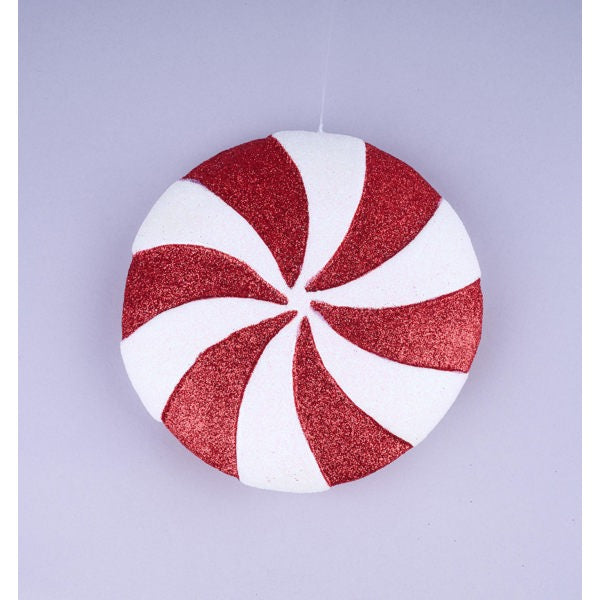 6"DIA GLITTER PEPPERMINT CANDY ORNAMENT - RED/WHITE - XC115191