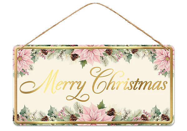 12"L X 6"H CHRISTMAS W/POINSETTIAS SIGN- CREAM/PINK/SAGE/GOLD- MD1824F2