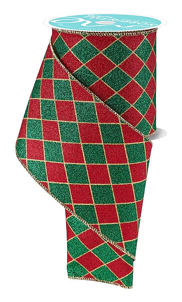4"X10YD GLITTER HARLEQUIN- GOLD/RED/EMERALD- RGH14234W