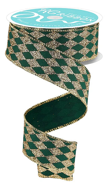 1.5"X10YD GLITTER HARLEQUIN- HUNTER GREEN/GOLD- RGH1442CK