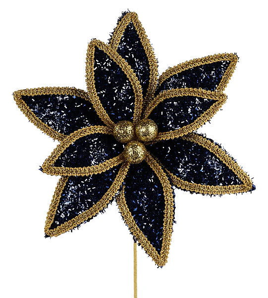 14"L V GLITTER/LACE EDGE POINSETTIA PICK- NAVY BLUE/GOLD- XS418267