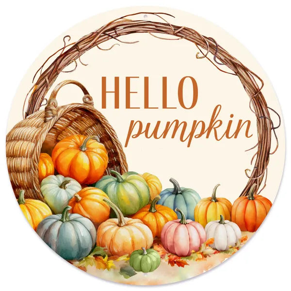 12"DIA HELLO PUMPKIN SIGN-CREAM/BROWN/ORANGE-MD1684