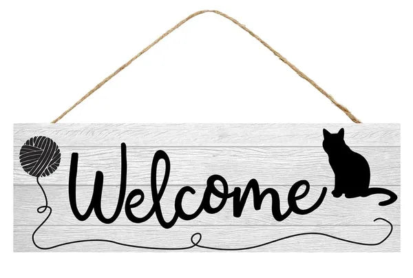 15"L x 5"H Welcome W/Cat/Yarn Sign-Grey-AP802010