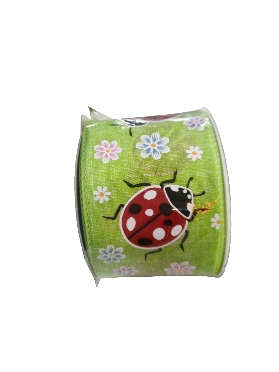 2.5 X 10YD Green Ladybug and Daisy Ribbon - 153688G