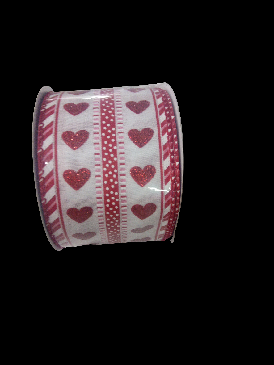 2.5 X 10YD White/ Red heart Ribbon - 153626