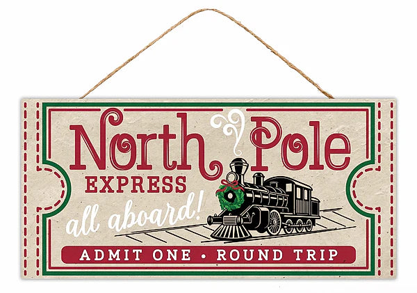 12.5"L X 6"H NORTH POLE TICKET SIGN- NATURAL/BLACK/RED/EMERALD- AP7450