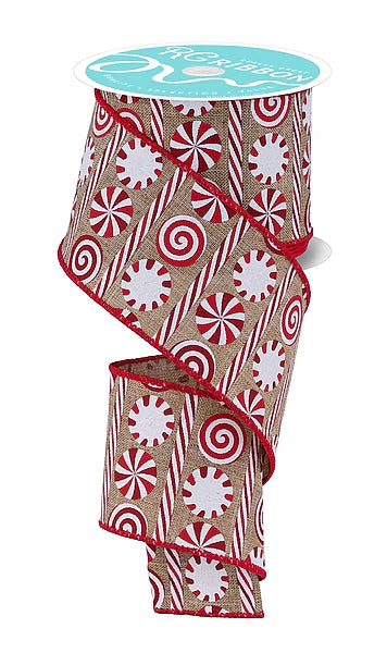 2.5"X10YD PEPPERMINT STRIPES- LT BEIGE/RED/WHITE- RGH136054