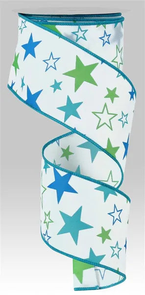 2.5" x 10yd Stars Print-White/Turq/Blue/Green-RG1511J9