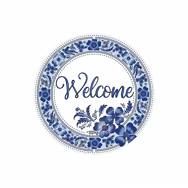 8"DIA METAL WELCOME FLORAL SIGN- WHITE/BLUE- MD1355