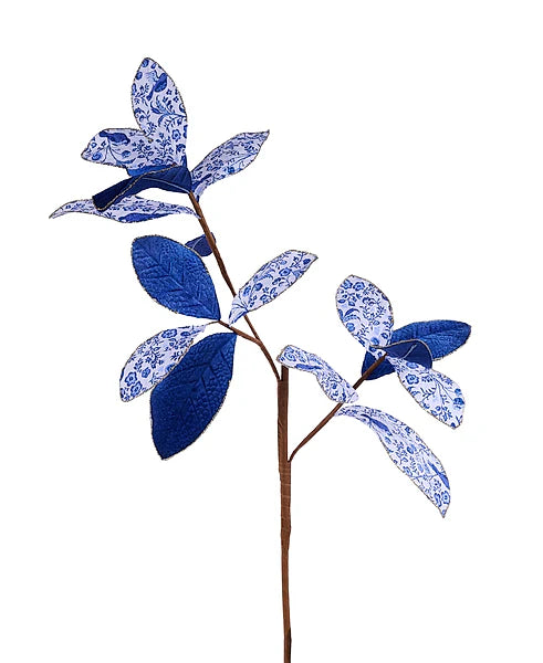 27"L GLITTER/VELVET MAGNOLIA LEAF SPRAY- WHITE/MULTI BLUE- XS253103