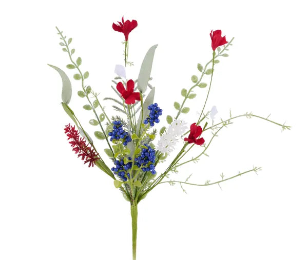 12"L Fabric Flower/Eva Leaf/Beads Bush-Red/White/Blue-FH12554