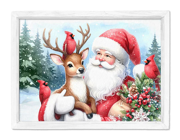 12"H X 16"L SANTA IN THE WOODS W/FRAME- RED/LT SKIN/WHT/BLUE/GRN- AP0429J7