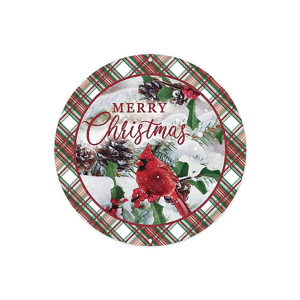 8"DIA MERRY CHRISTMAS/CARDINAL SIGN- WHITE/RED/GREEN- MD1259
