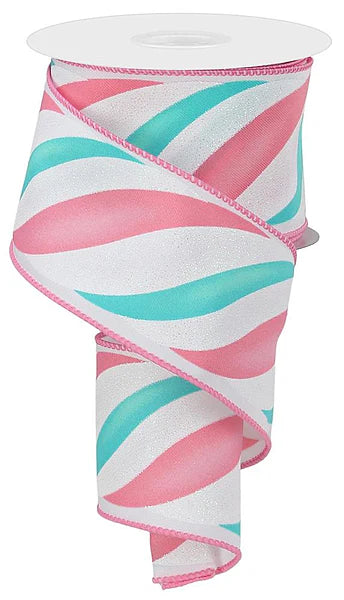 2.5"X10YD SWIRL CANDY STRIPE- WHITE/PINK/ICE BLUE/MINT- RGE1049WM