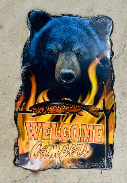 14" x 9" WELCOME CAMPERS BEAR & FISH ALUMINUM DIE CUT SIGN-41145