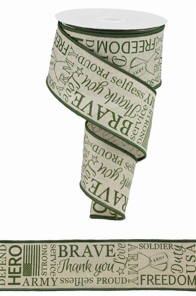 2.5"X10yd United States Army On Royal Burlap Natural/Army Green ribbon