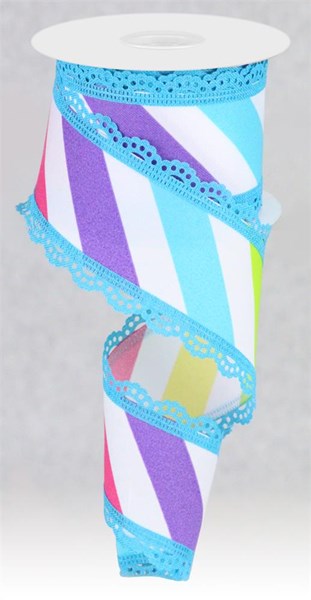 2.5" x 10 yard purple, pink, teal and yellow diagonal stripe ribbon