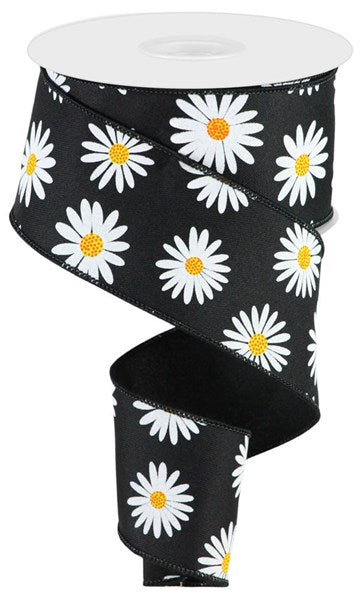 2.5"X10YD DAISY ON FAUX ROYAL burlap ribbon- black-RGC174002
