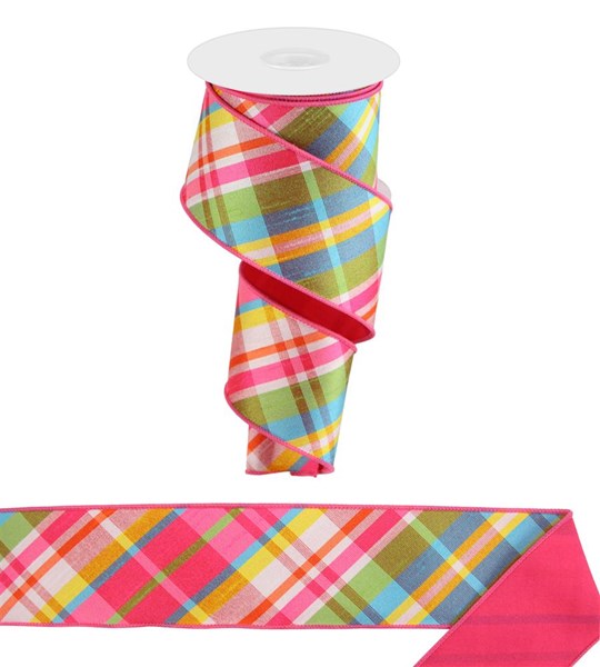 2.5"X10yd spring Easter Diagonal Plaid Fused Back ribbon