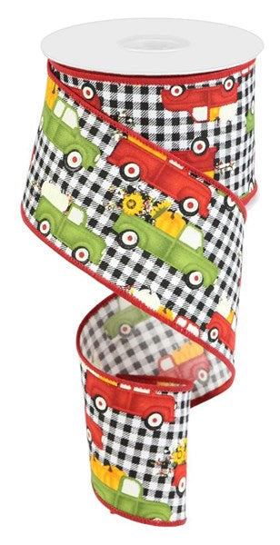 2.5"X10yd fall Pumpkin Trucks with Gingham ribbon