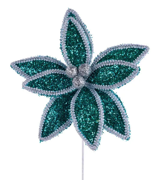 14"L V Glitter/Lace Edge Poinsettia Pick-Turquoise/Silver-XS418248