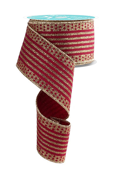 2.5"X10YD VERTICAL STRIPE/DOT EDGE- WINE/GOLD- RGF1510W8