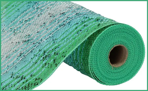 10.25" x 10yd Wide Foil Ombre Mesh- Emerald/Ice Blue/Silver-RY8510X8