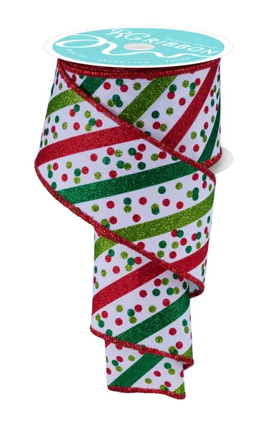 2.5" x 10yd Glitter Stripe W/Confetti Dots-White/Red/Lime/Emerald-RGF199356