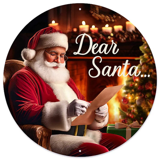 12"DIA METAL DEAR SANTA... SIGN- RED/WHITE/BROWN/TAN/BLACK- MD1691