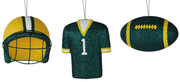 3 ASST FOOTBALL/HELMET/JERSEY ORNAMENT-GREEN/YELLOW/WHITE-MS1302R7