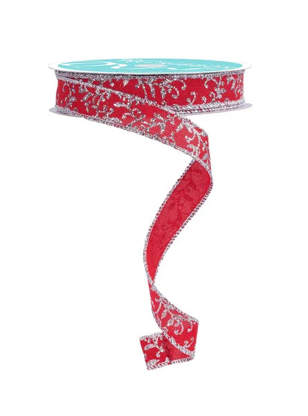5/8" x 10yd Glitter Mini Leaf Vines-Red/Silver-RGF1394E2